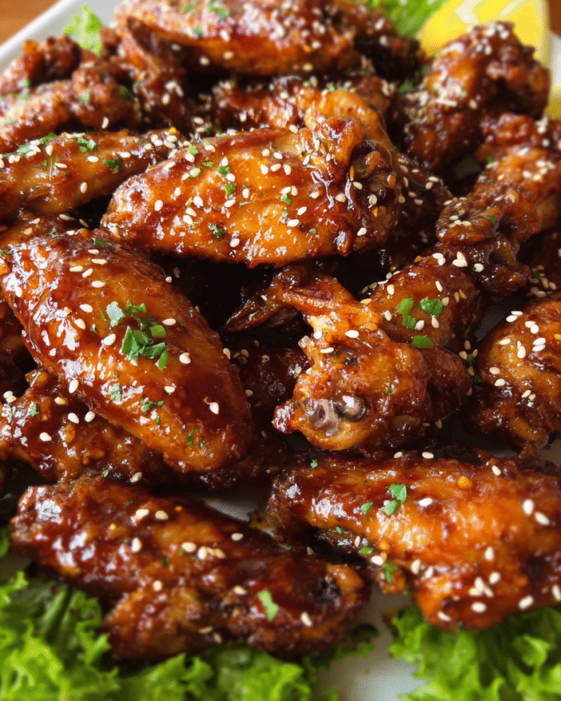 Crispy honey garlic chicken wings glazed and topped with sesame seeds