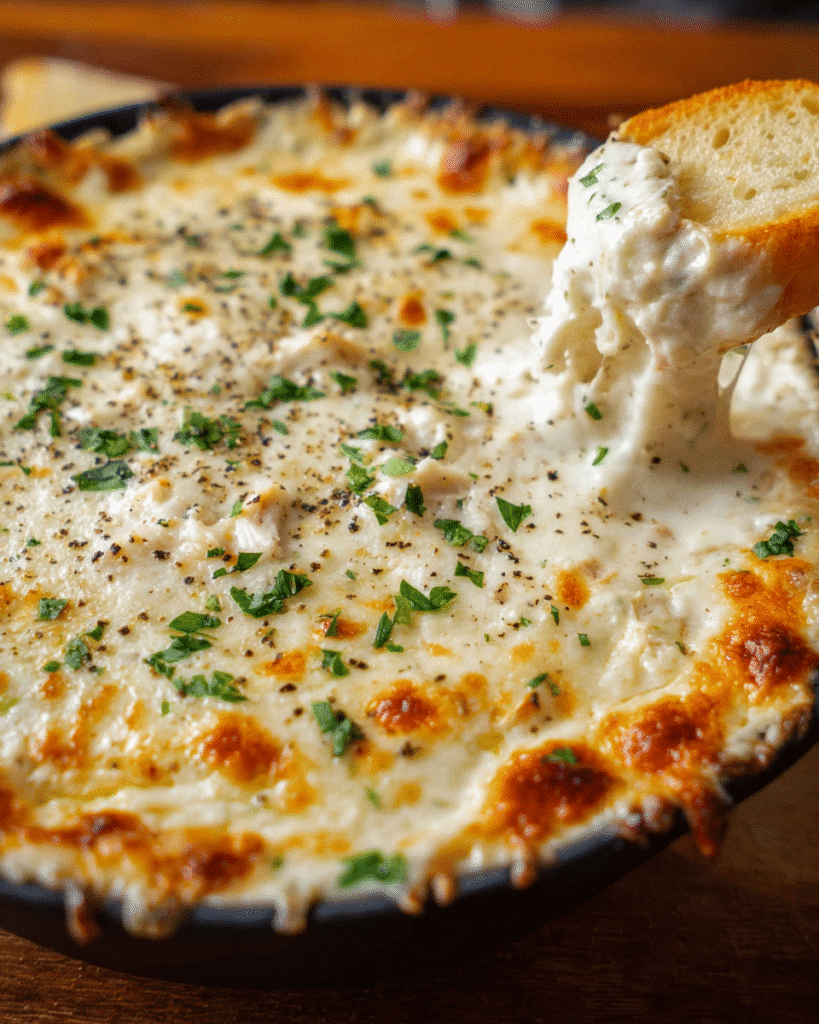 Hot Chicken Alfredo Dip baked until golden and bubbly