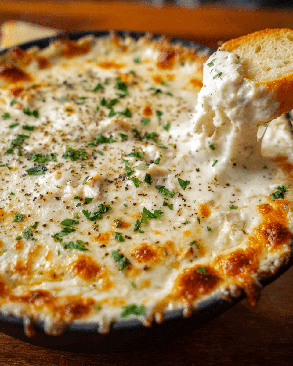 Hot Chicken Alfredo Dip baked until golden and bubbly