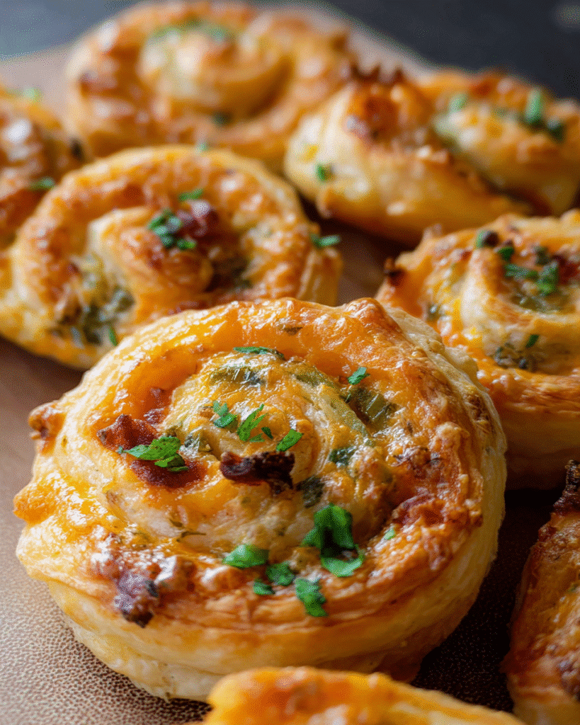 Golden jalapeno popper pinwheels made with puff pastry and cream cheese filling