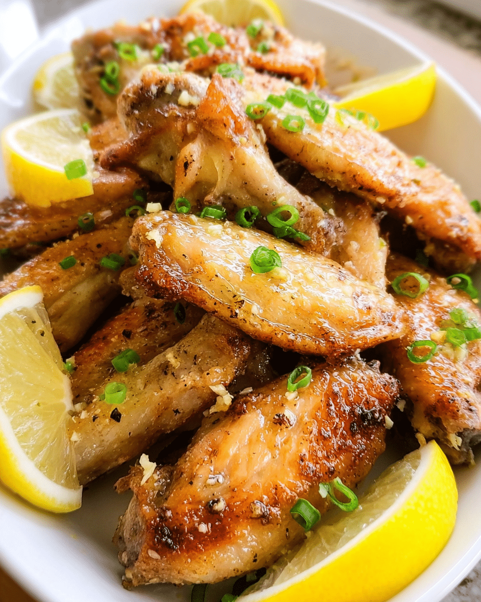 Crispy baked lemon garlic chicken wingettes garnished with lemon wedges and scallions