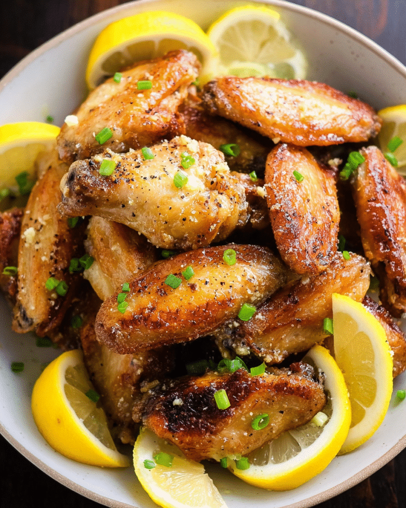 Crispy baked lemon garlic chicken wingettes garnished with lemon wedges and scallions