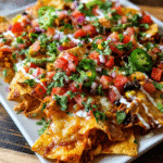 Loaded chicken nachos topped with melted cheese, beans, corn, and fresh cilantro