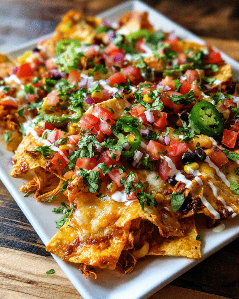 Loaded chicken nachos topped with melted cheese, beans, corn, and fresh cilantro