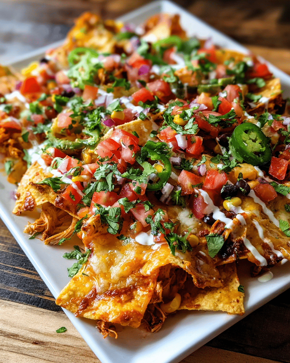 Loaded chicken nachos topped with melted cheese, beans, corn, and fresh cilantro