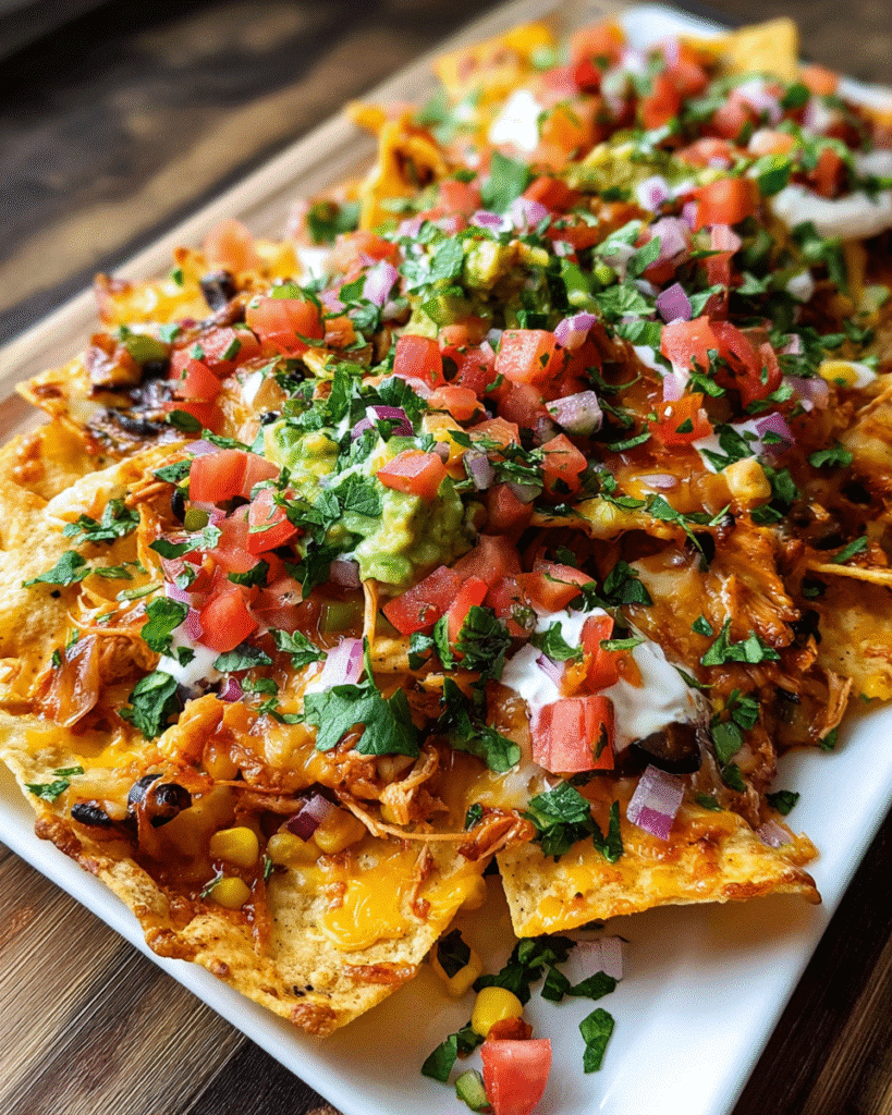 Loaded chicken nachos topped with melted cheese, beans, corn, and fresh cilantro