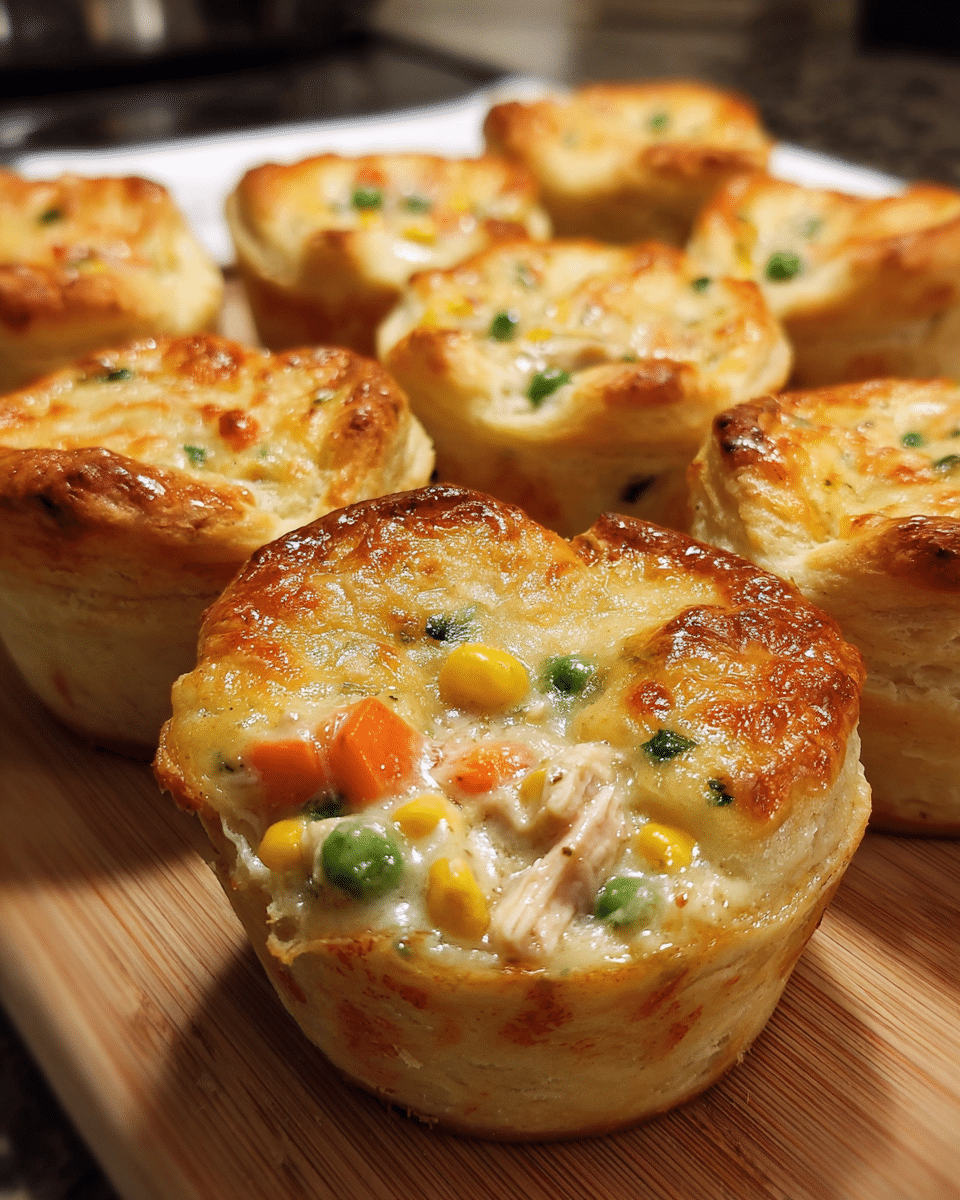 Golden mini chicken pot pie cups baked in a muffin tin