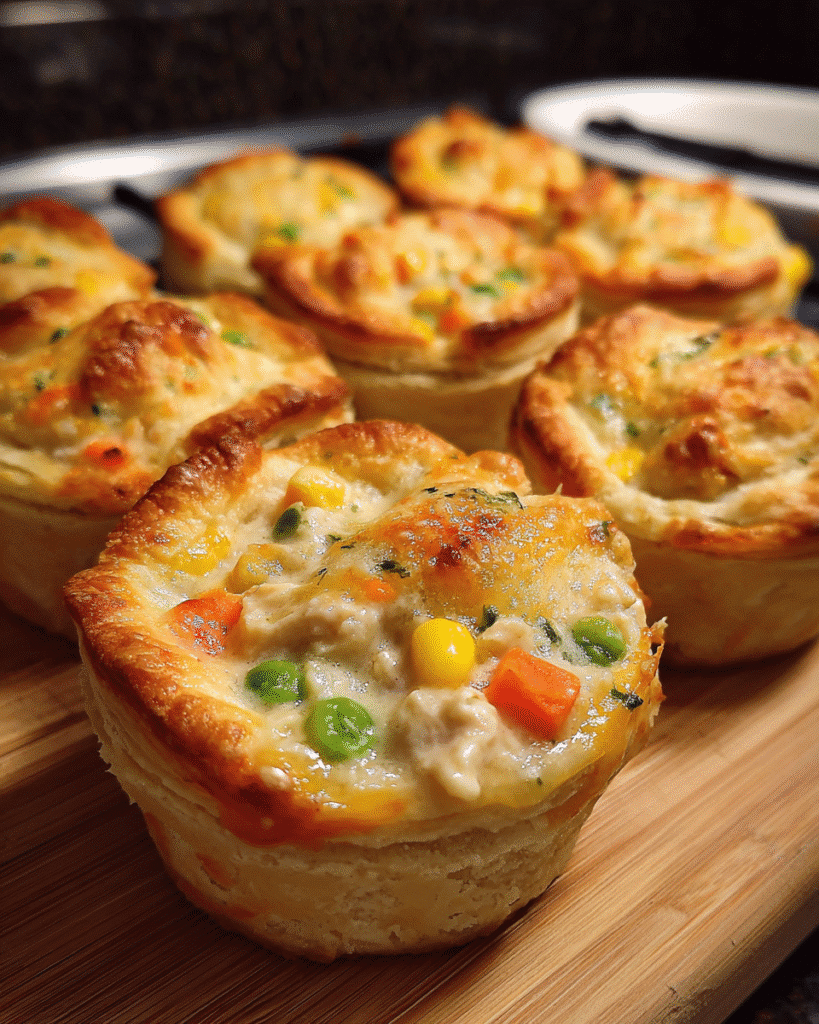 Golden mini chicken pot pie cups baked in a muffin tin