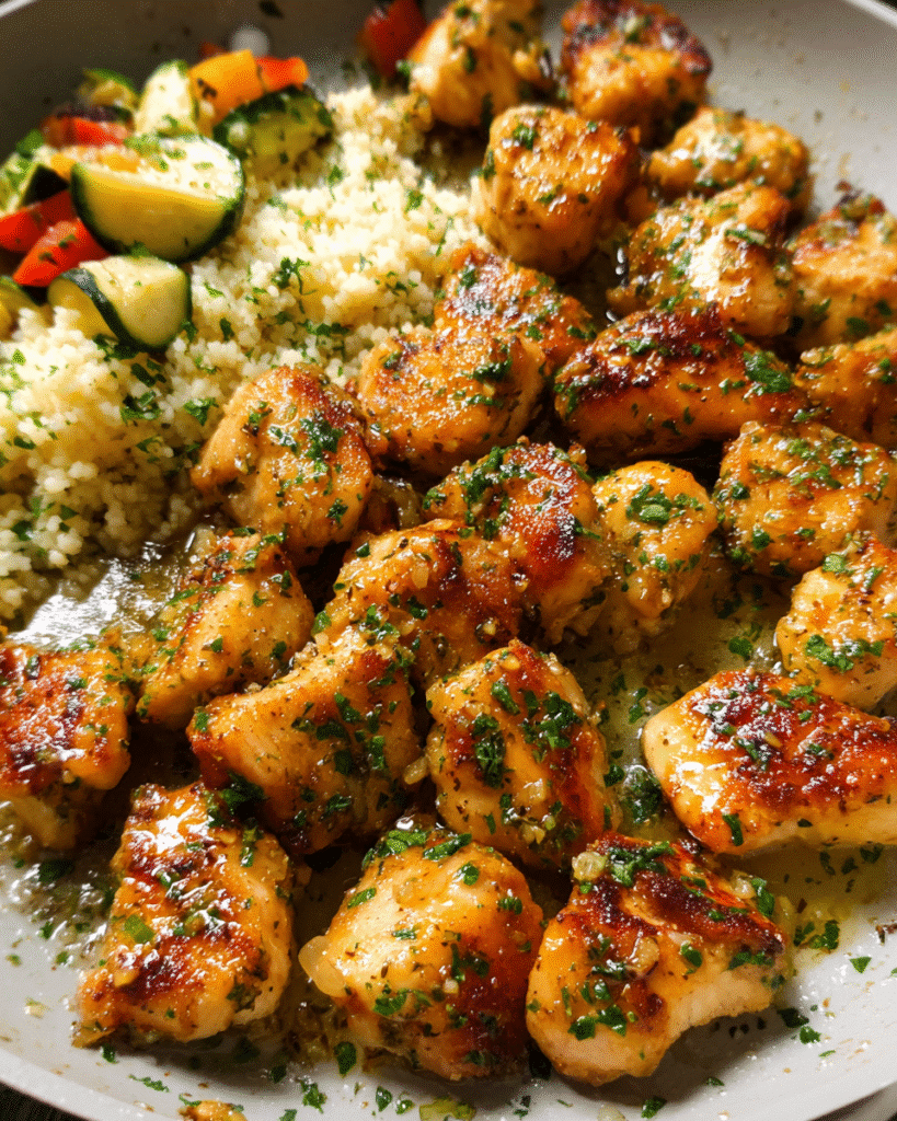 Golden mini garlic butter chicken bites in a skillet with fresh parsley