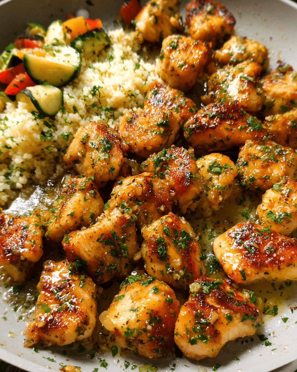 Golden mini garlic butter chicken bites in a skillet with fresh parsley