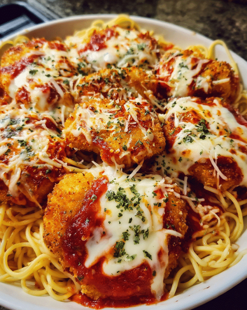 Parmesan Chicken Nugget Pops baked with marinara and melted mozzarella