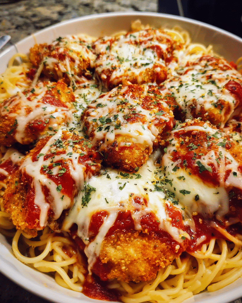 Parmesan Chicken Nugget Pops baked with marinara and melted mozzarella