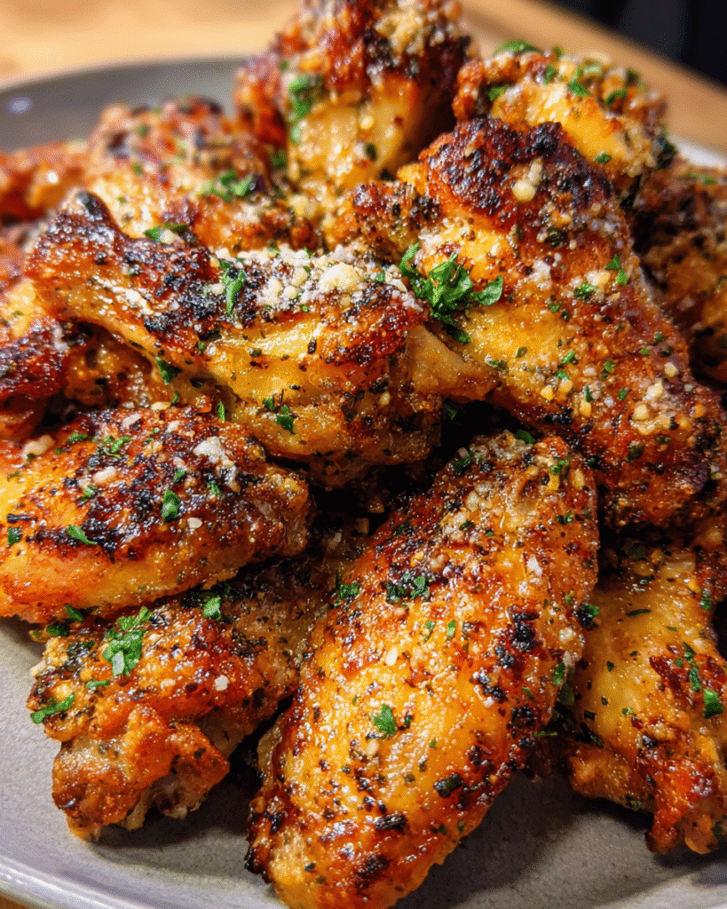 Crispy Parmesan Garlic Chicken Wings topped with fresh parsley