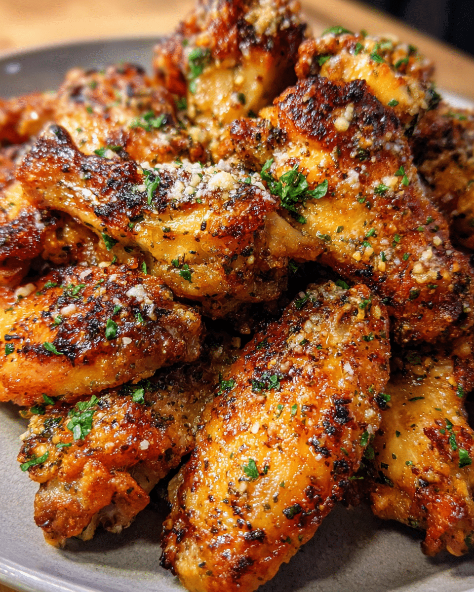 Crispy Parmesan Garlic Chicken Wings topped with fresh parsley