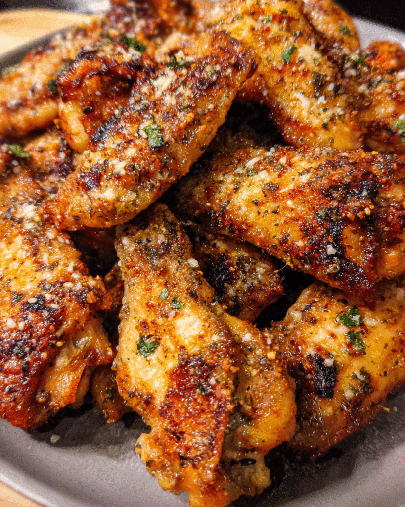 Crispy Parmesan Garlic Chicken Wings topped with fresh parsley