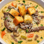 Philly Cheesesteak Soup in a bowl with croutons