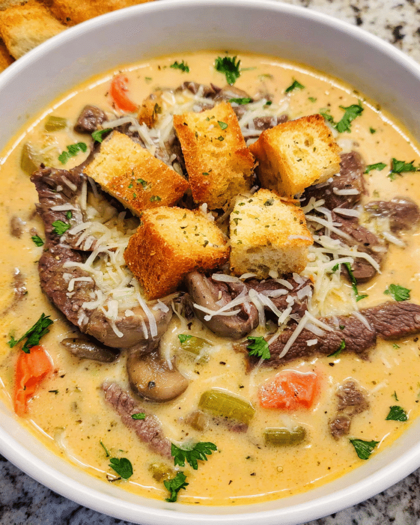 Philly Cheesesteak Soup in a bowl with croutons