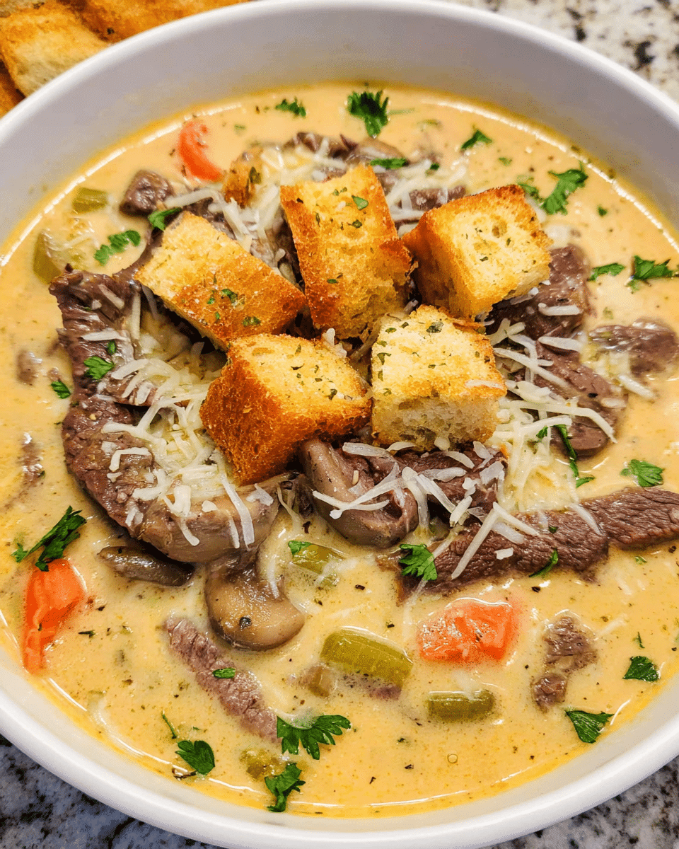 Philly Cheesesteak Soup in a bowl with croutons
