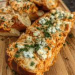 Spicy Chicken Cheese Bread sliced with melted mozzarella and buffalo chicken