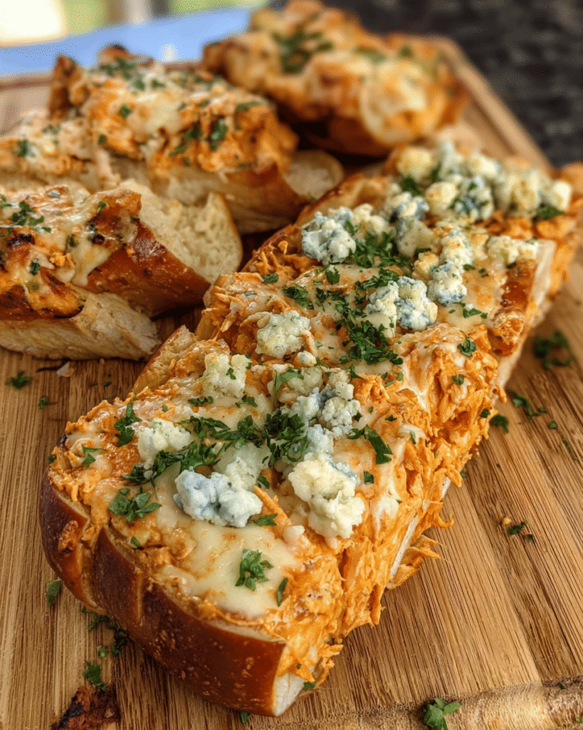 Spicy Chicken Cheese Bread sliced with melted mozzarella and buffalo chicken