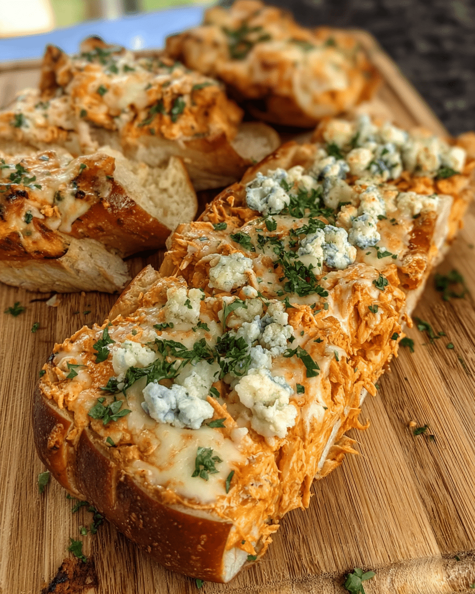 Spicy Chicken Cheese Bread sliced with melted mozzarella and buffalo chicken