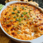 Baked spicy chicken cheese dip with melted golden cheese on top