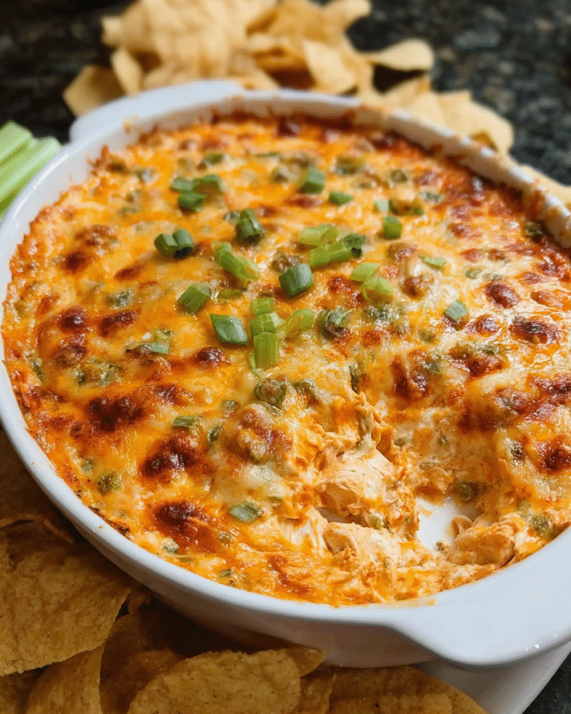 Baked spicy chicken cheese dip with melted golden cheese on top