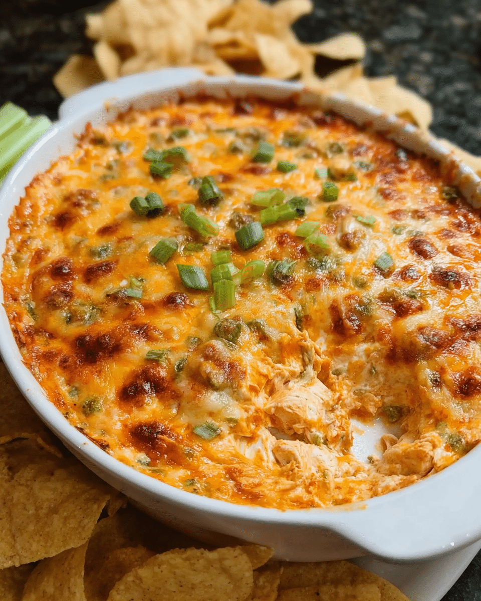 Baked spicy chicken cheese dip with melted golden cheese on top
