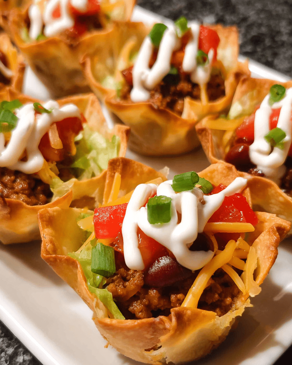Golden baked taco cups with melted cheese and fresh toppings