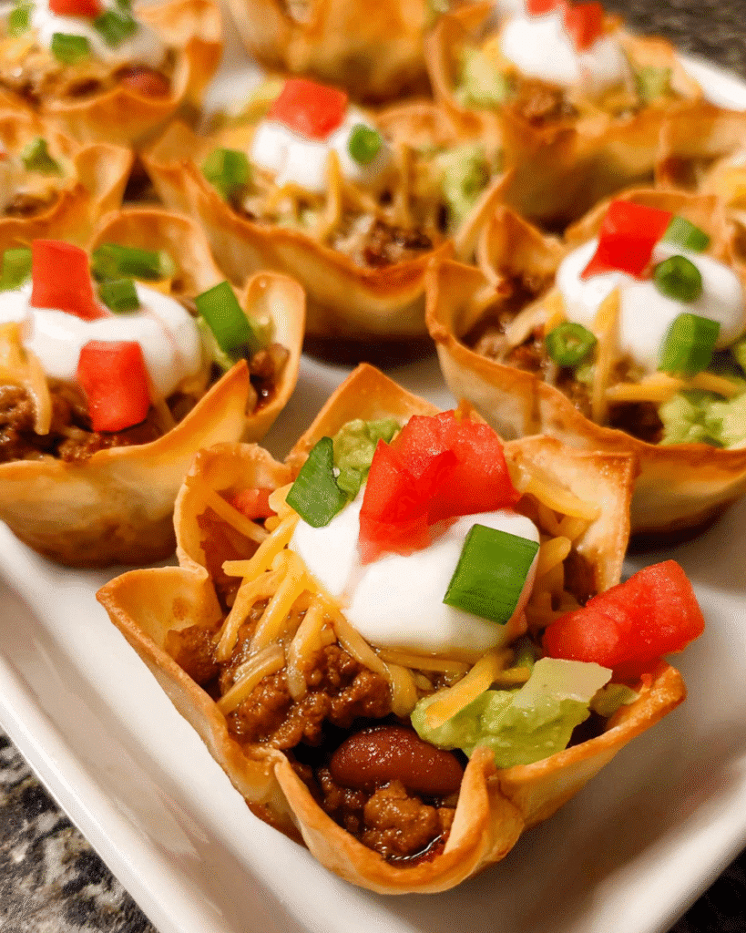 Golden baked taco cups with melted cheese and fresh toppings