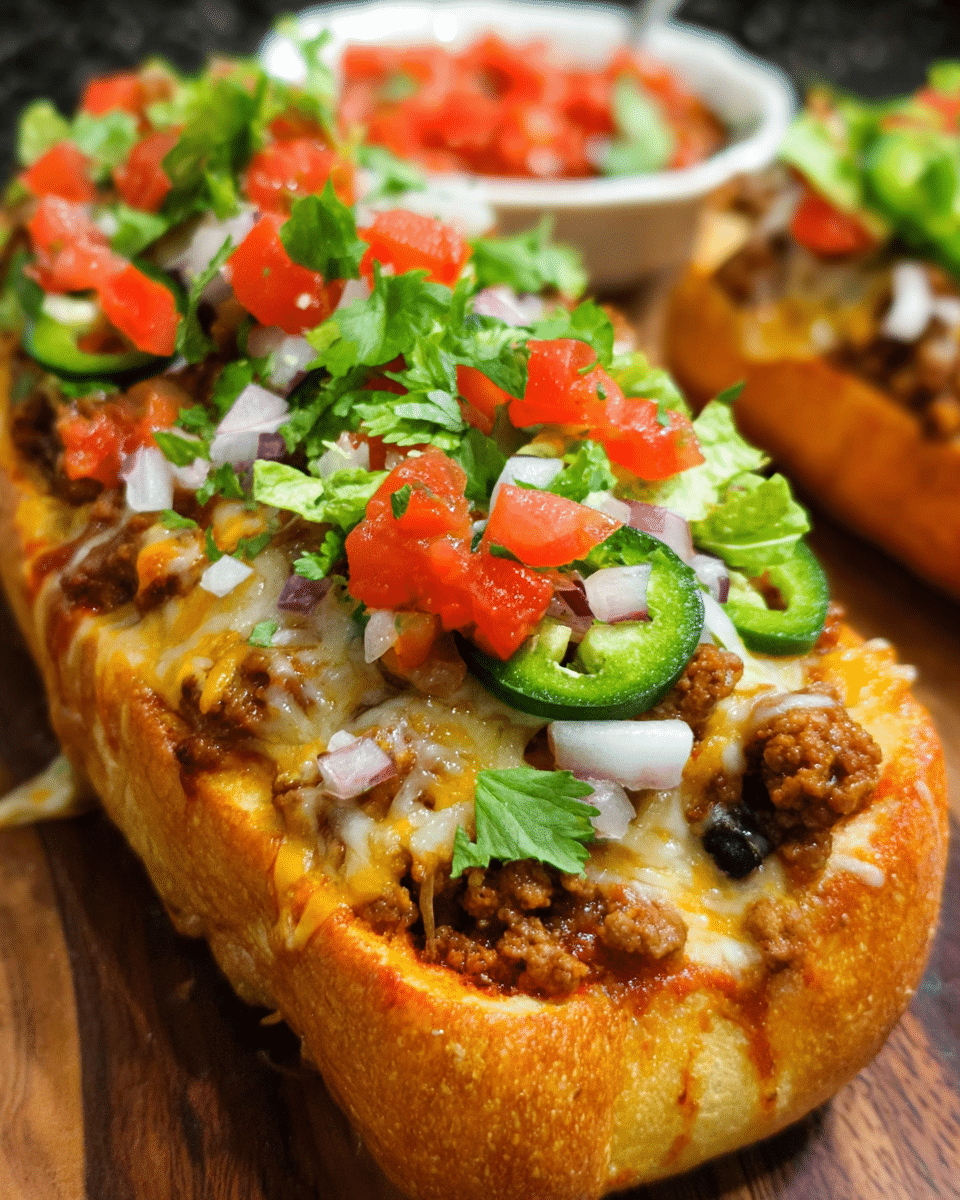 Taco Stuffed Bread sliced on a platter with melted cheese and seasoned beef filling