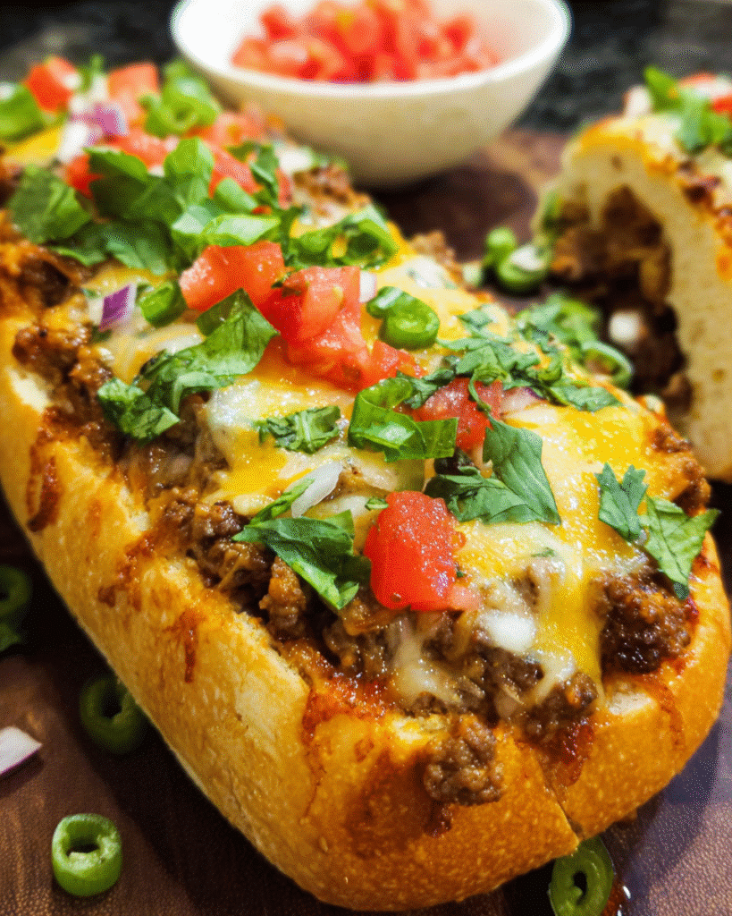 Taco Stuffed Bread sliced on a platter with melted cheese and seasoned beef filling