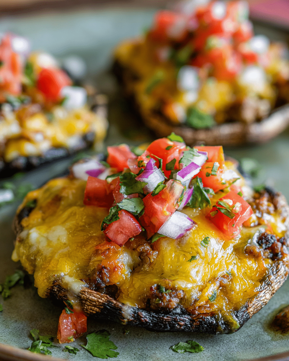 Taco Stuffed Mushrooms baked with cheddar and pico de gallo