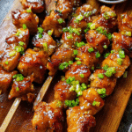 Air fryer teriyaki chicken skewers brushed with glossy glaze and topped with green onions