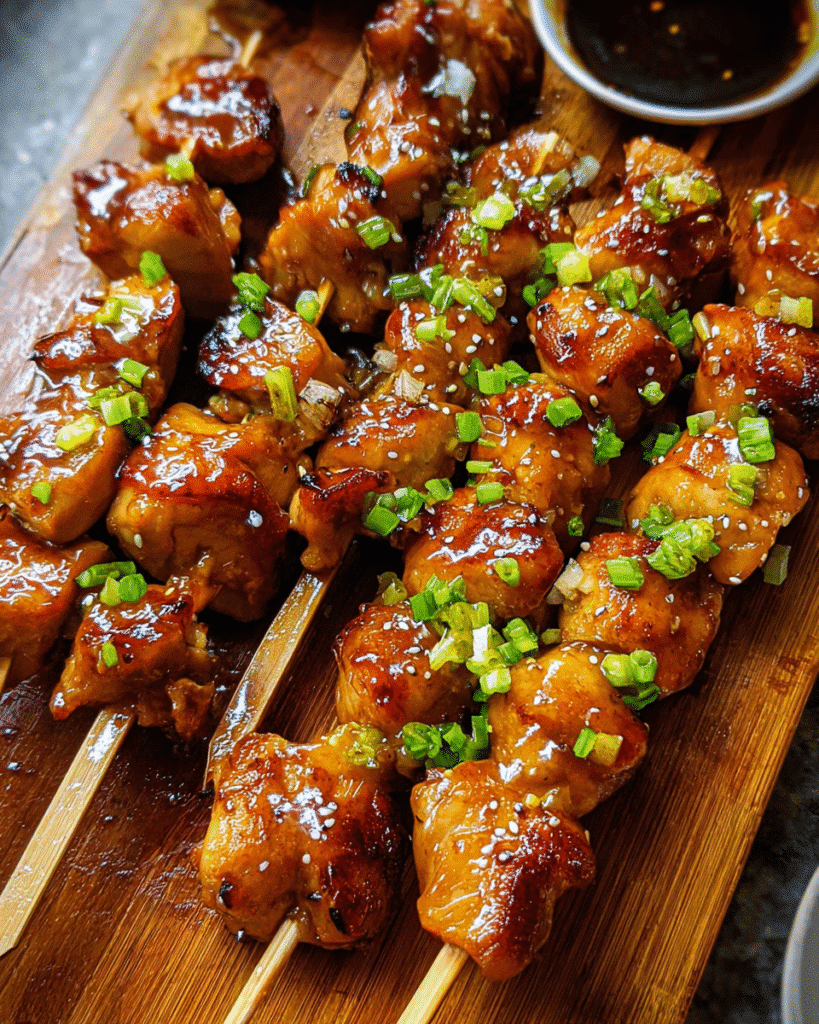 Air fryer teriyaki chicken skewers brushed with glossy glaze and topped with green onions