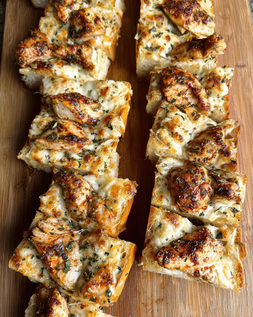 Viral Chicken Alfredo Garlic Bread sliced and served warm