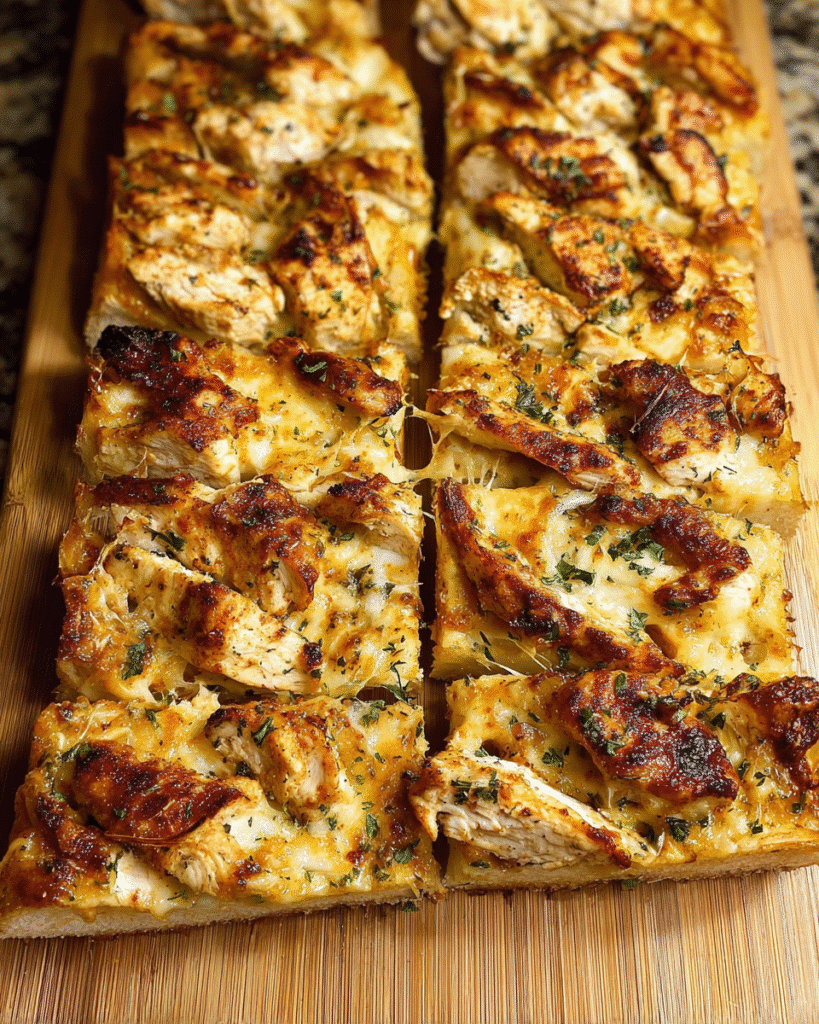 Viral Chicken Alfredo Garlic Bread sliced and served warm
