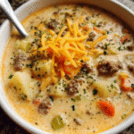 Bowl of beef cheeseburger soup topped with cheddar and herbs