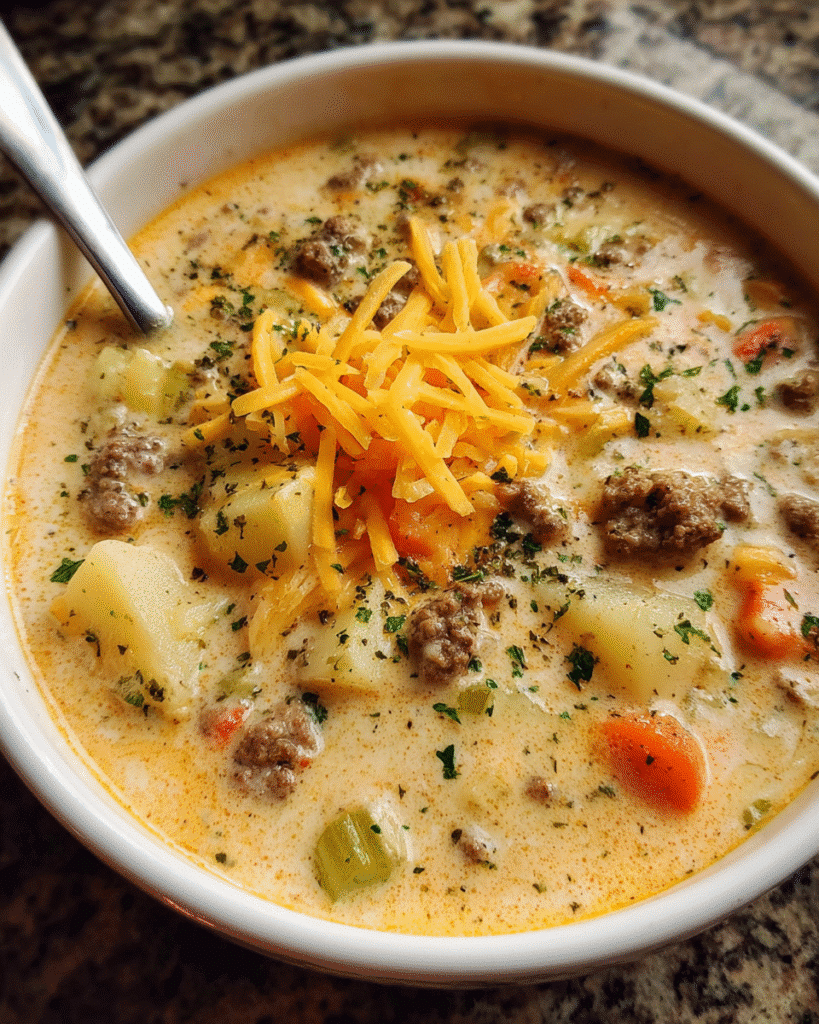Bowl of beef cheeseburger soup topped with cheddar and herbs