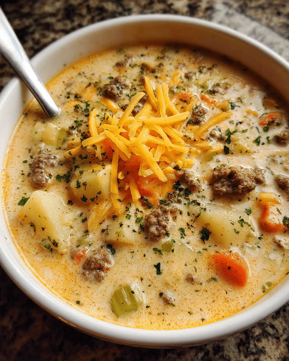 Bowl of beef cheeseburger soup topped with cheddar and herbs
