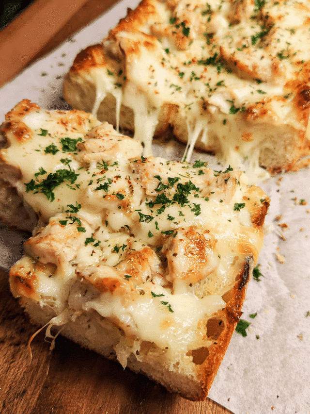 Alfredo chicken pizza toasts baked on French bread with melted mozzarella