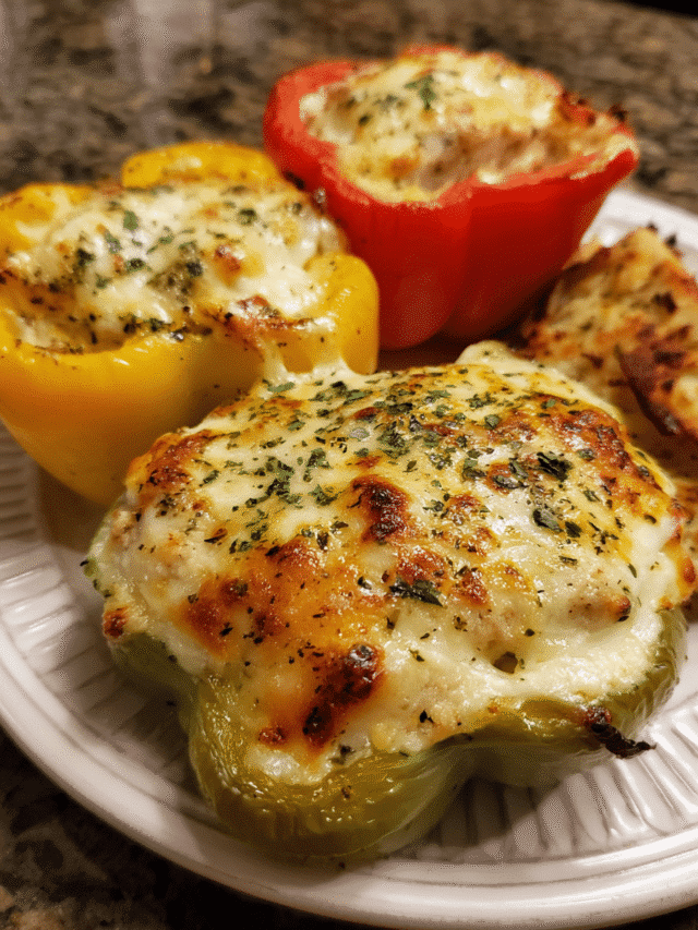 Creamy Alfredo Chicken Stuffed Peppers baked with melted mozzarella