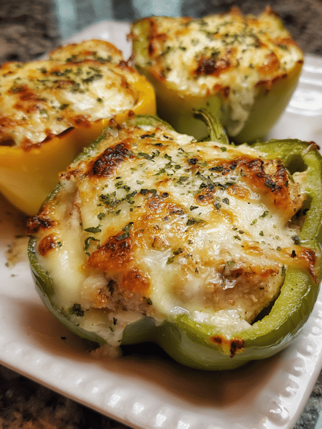 Alfredo Chicken Stuffed Peppers baked with melted mozzarella and Parmesan