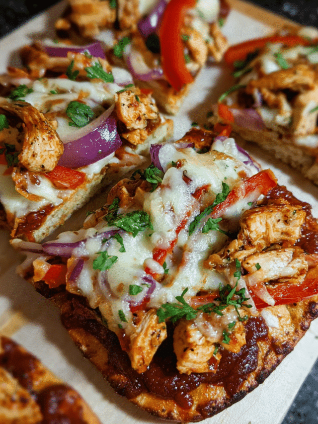 BBQ Chicken Flatbread Bites topped with mozzarella, red onion, and bell pepper