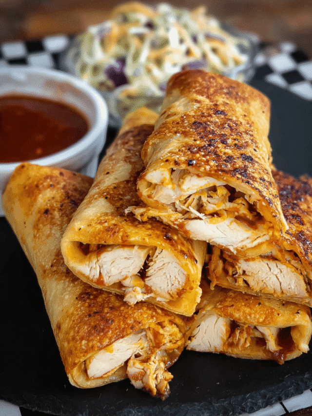Crispy BBQ chicken wrap with coleslaw and melted cheese
