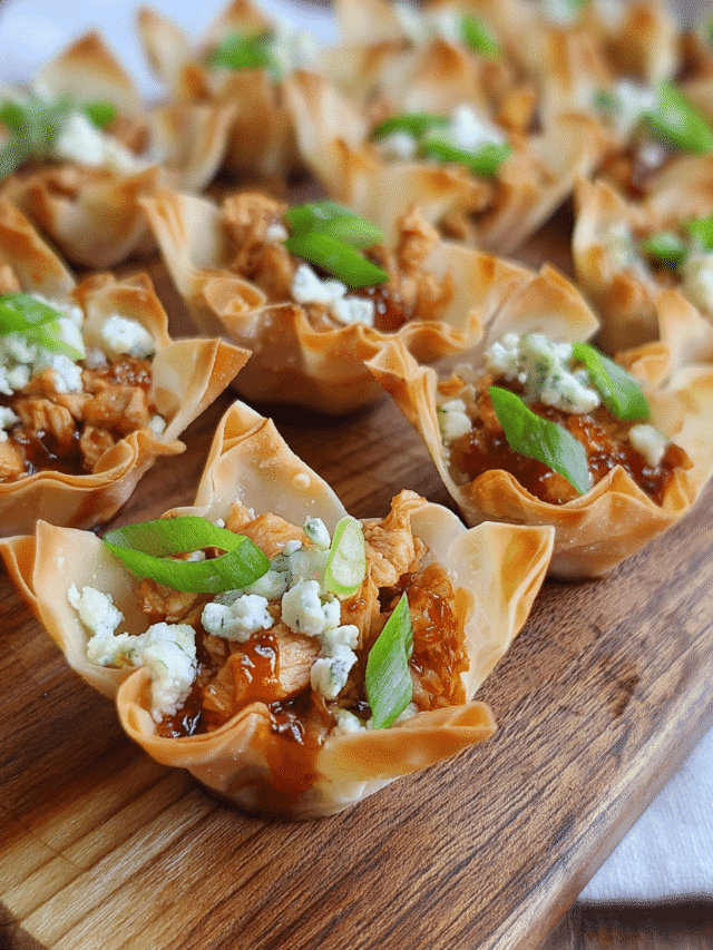BBQ Chicken Wonton Cups baked golden in a mini muffin pan