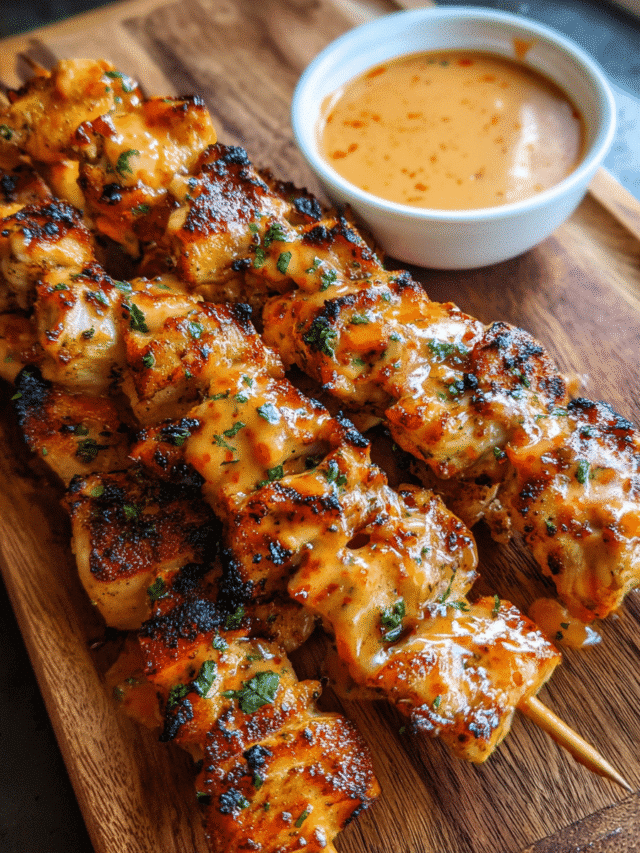 Bang Bang Chicken Skewers brushed with sweet chili sauce on a serving platter
