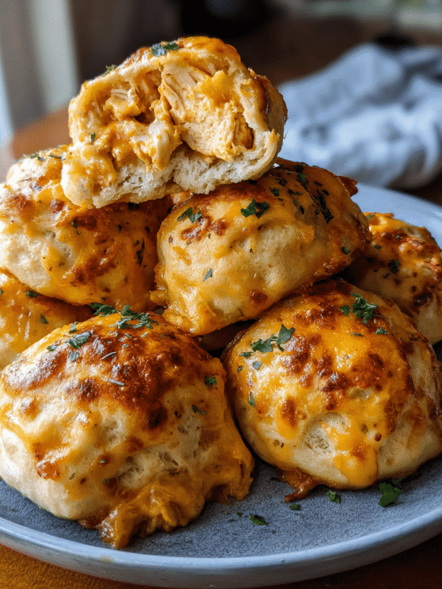 Golden baked buffalo chicken biscuit bombs with melted cheese inside