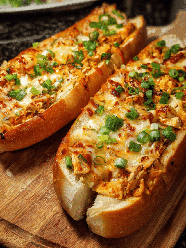 Buffalo chicken stuffed garlic bread sliced with melted cheddar and jalapeños