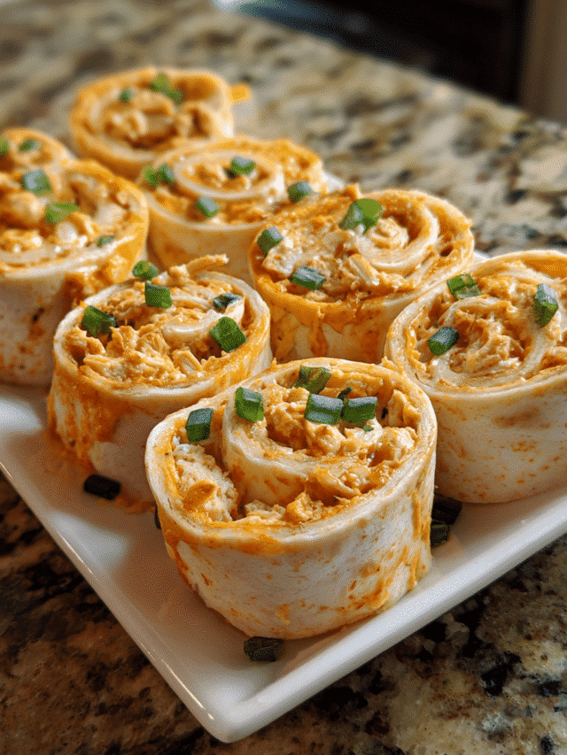 Buffalo Chicken Tortilla Pinwheels sliced and arranged on a serving platter